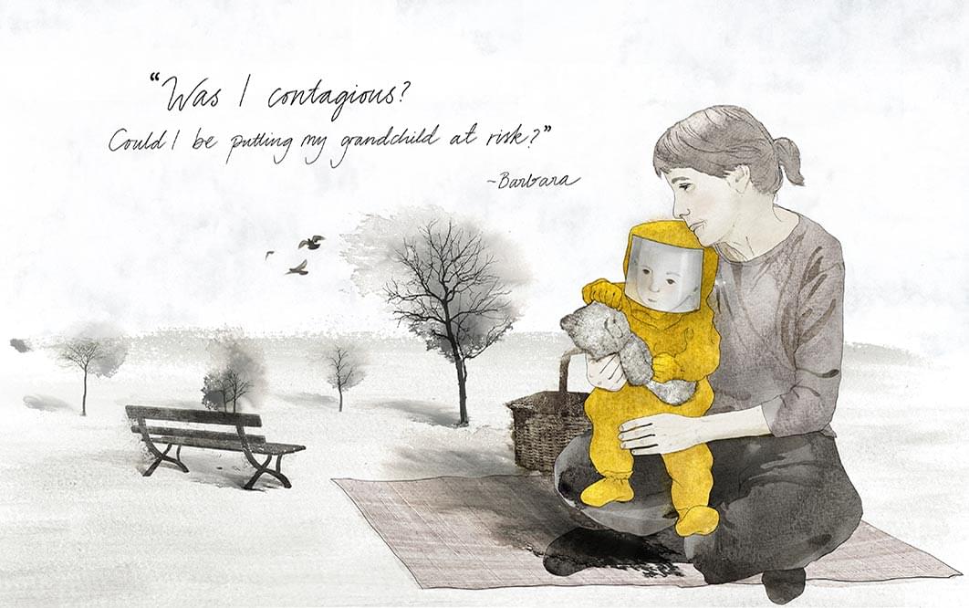 An illustration shows a patient with a picnic basket, sitting in a park. She is holding a young child who is wearing a hazmat suit. A quotation says: 'Was I contagious? Could I be putting my grandchild at risk?'